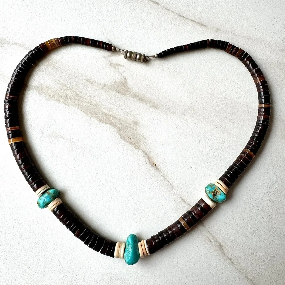VTG Native Amer Heishe Necklace Turquoise 18in Choker Graduated Santo Domingo